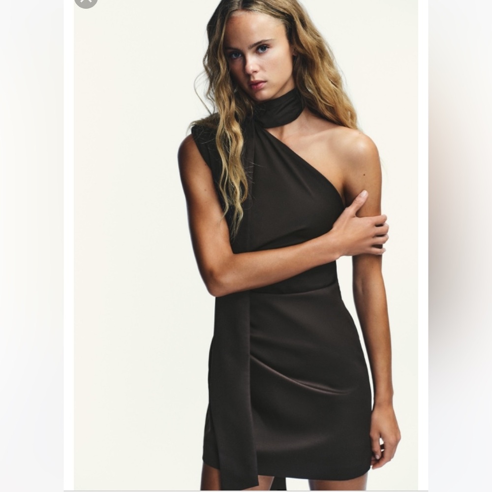 Zara NWT One-Shoulder Chocolate brown Ruched mini Dress with Tie neck size small